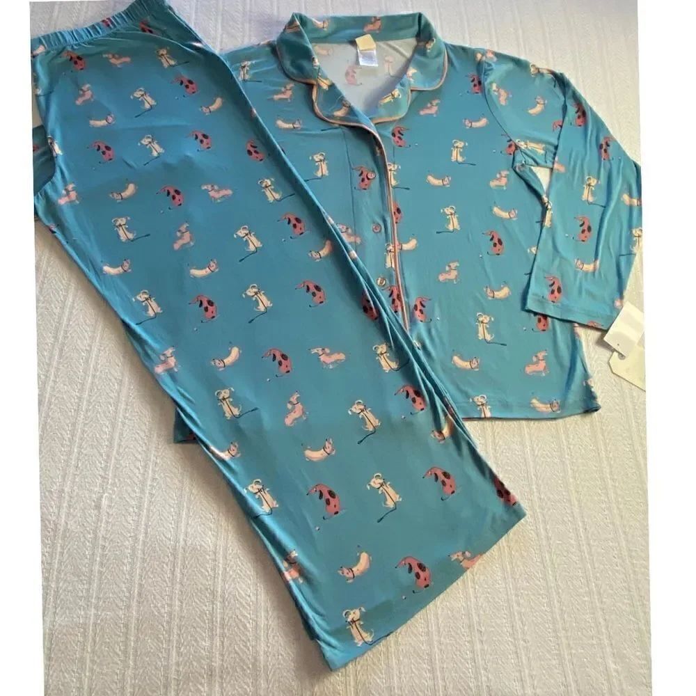 Munki Munki Women’s Teal Weiner Dogs Pajama Shirt & Pajama Pants Set